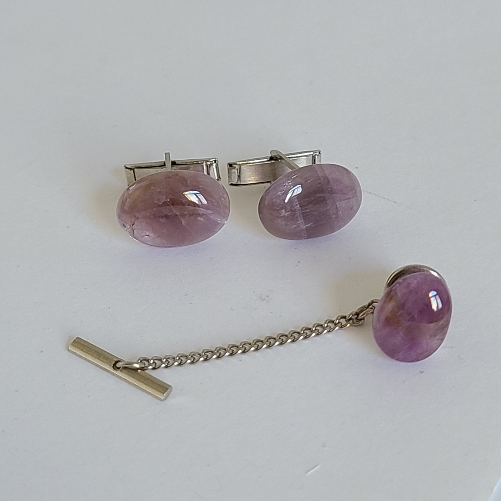 Vintage Men`s Luxury Silver Tone Purple Amethyst Cabochon Oval Cufflinks Tie Pin